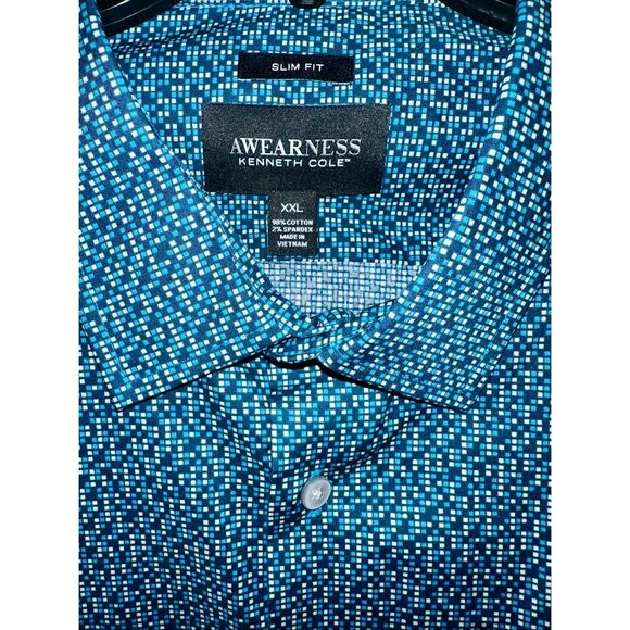 Awearness By Kenneth Cole geometric long sleeve button up blue white Slim Fit si - Picture 1 of 7